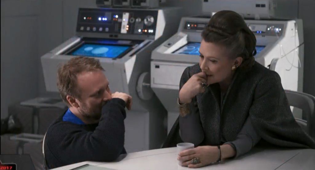 Rian Johnson and Carrie Fisher on Last Jedi Set